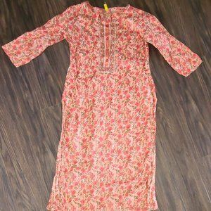 KIDS AHIKA Peach & Orange Floral Cotton Maxi Dress w/ Long Sleeves (XXL)